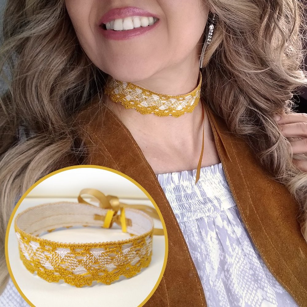Vintage Lace Choker Necklace 70s Yellow - New & Handmade - Boho, Ribbon Ties Bow